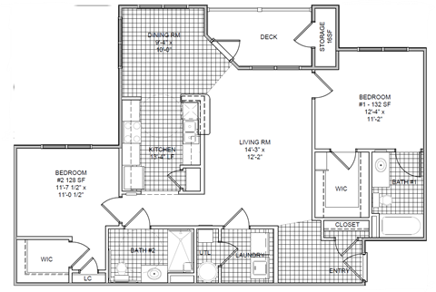 Floor plan for 2 beds, 2 baths, 1088 sqft